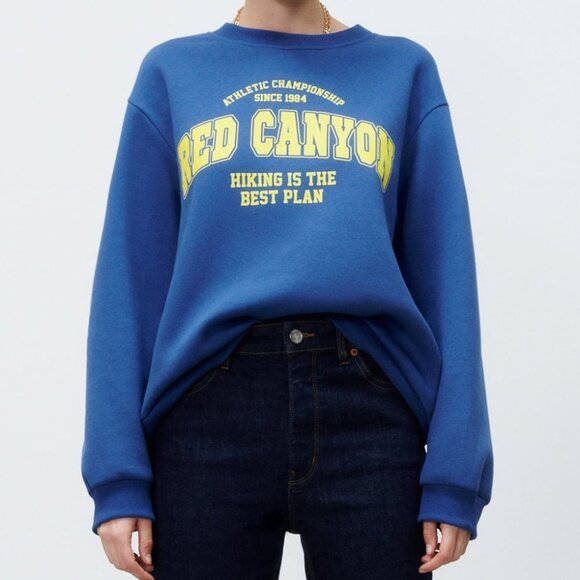 NEW Zara Blue Red Canyon Hiking Is Best Plan Graphic Text Print Sweatshirt Top M - Picture 3 of 10